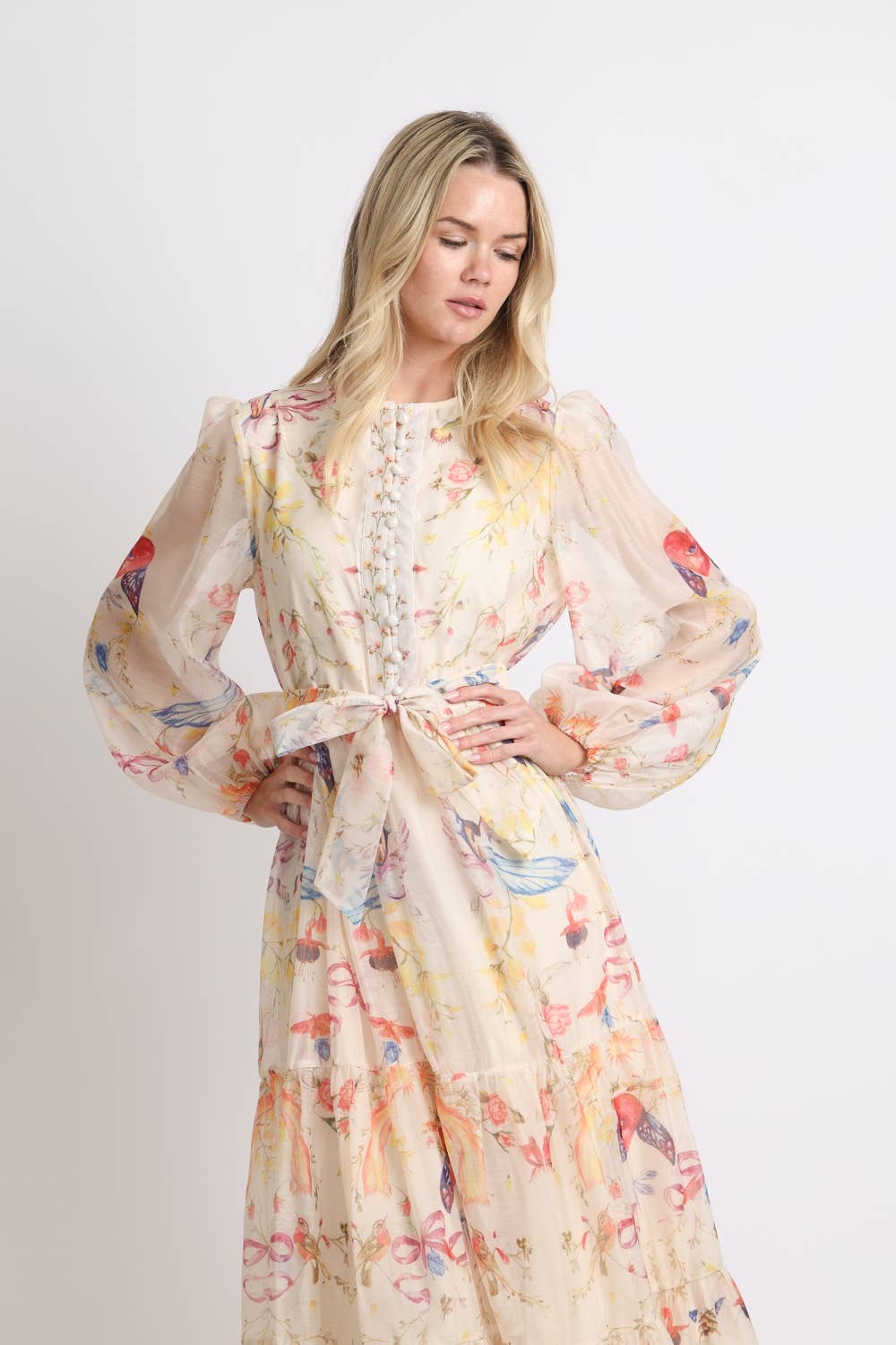 Floral Print Belted Tiered Maxi Dress