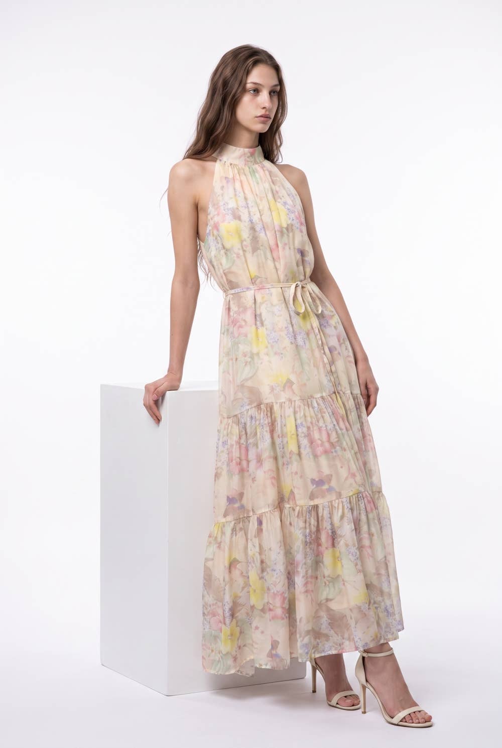 Watercolor Floral Halter Neck Belted Maxi Dress