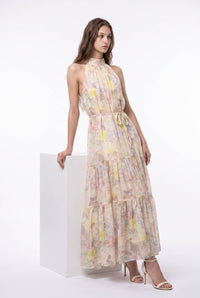 Watercolor Floral Halter Neck Belted Maxi Dress