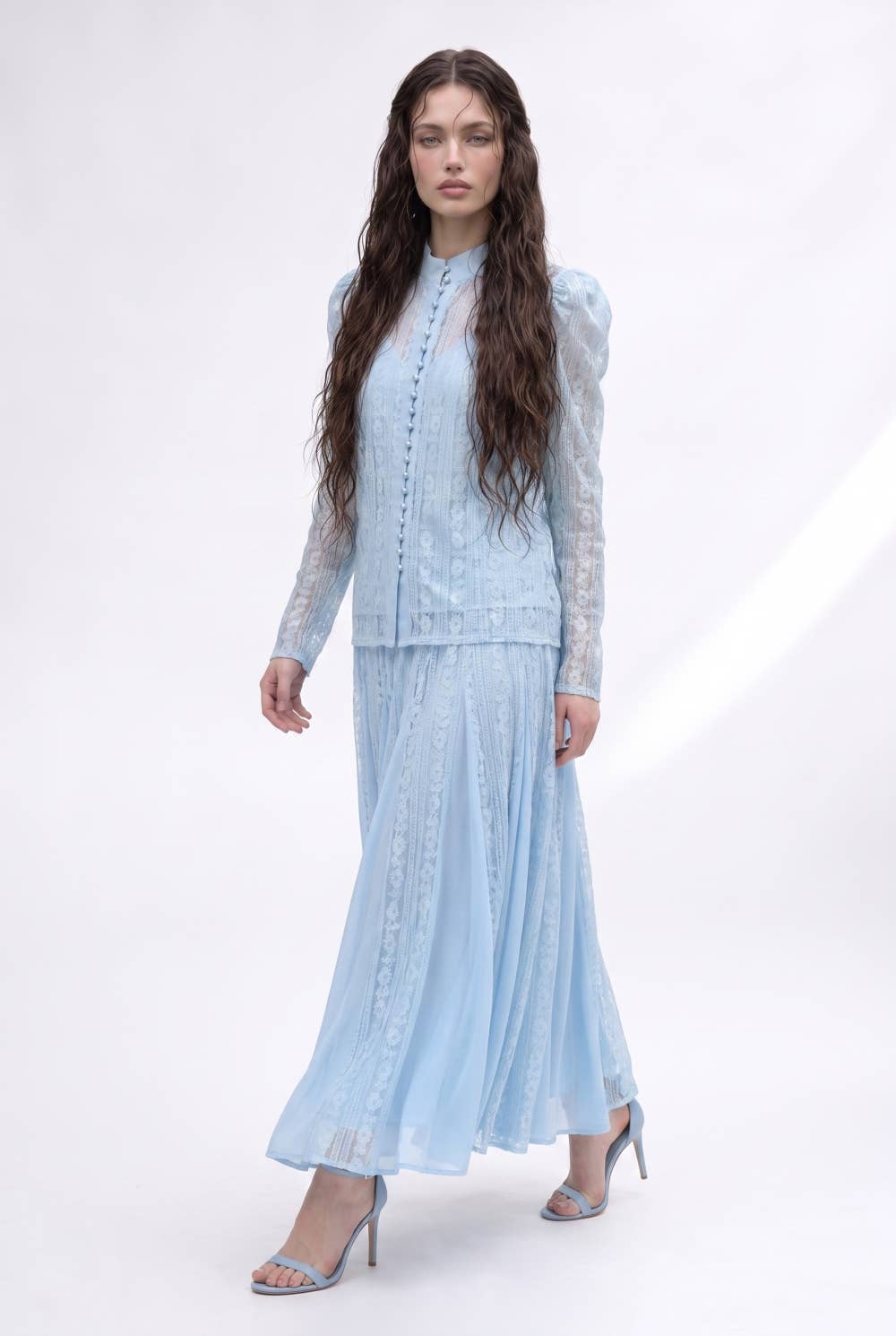Lace Inset Button Front Blouse And Pleated Maxi Skirt Set