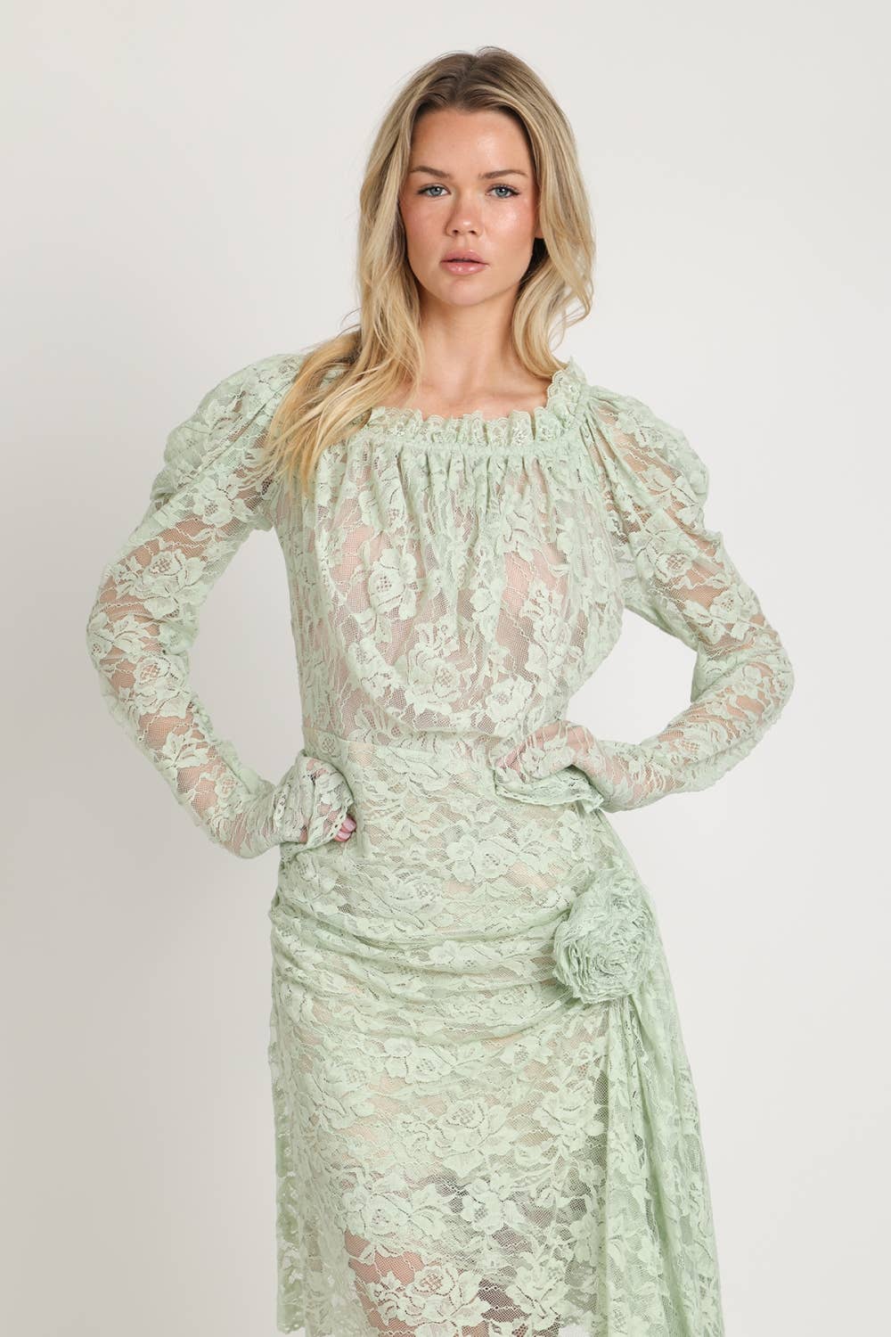 Floral Embroidered Mesh Draped Midi Dress