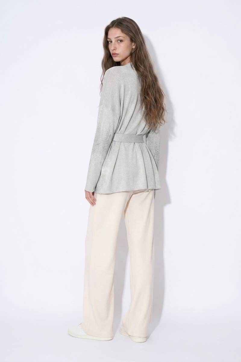 Rhinestone Embellished Shimmer Belted Cardigan