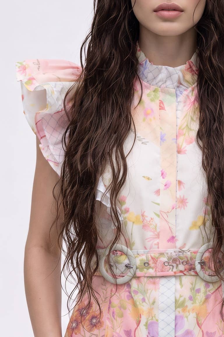 Botanical Print Ruffled Flutter Sleeve Mini Dress