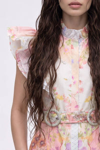 Botanical Print Ruffled Flutter Sleeve Mini Dress