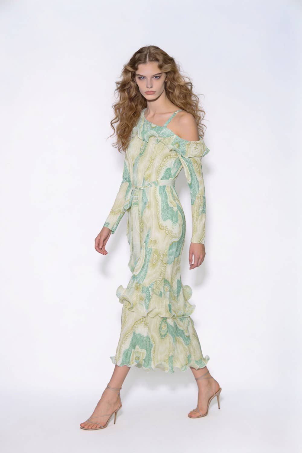 One-Shoulder Plissé Ruffled Midi Dress