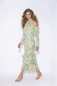 One-Shoulder Plissé Ruffled Midi Dress