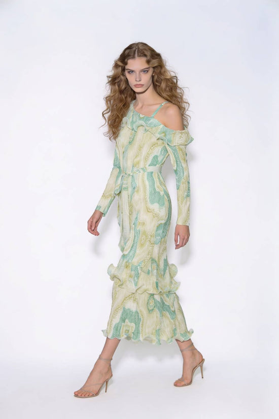One-Shoulder Plissé Ruffled Midi Dress