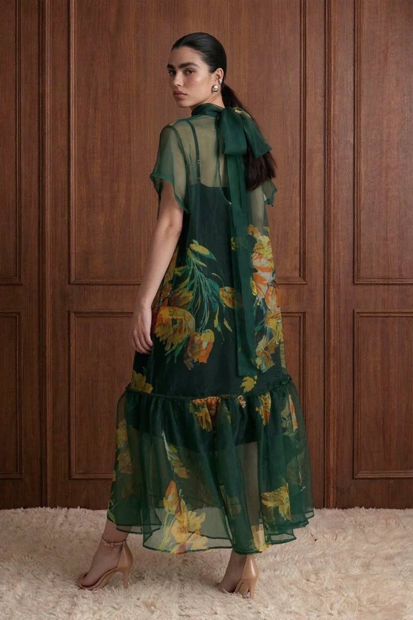 Floral Print Sheer Organza Tie Neck Maxi Dress