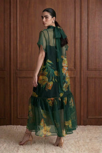 Floral Print Sheer Organza Tie Neck Maxi Dress