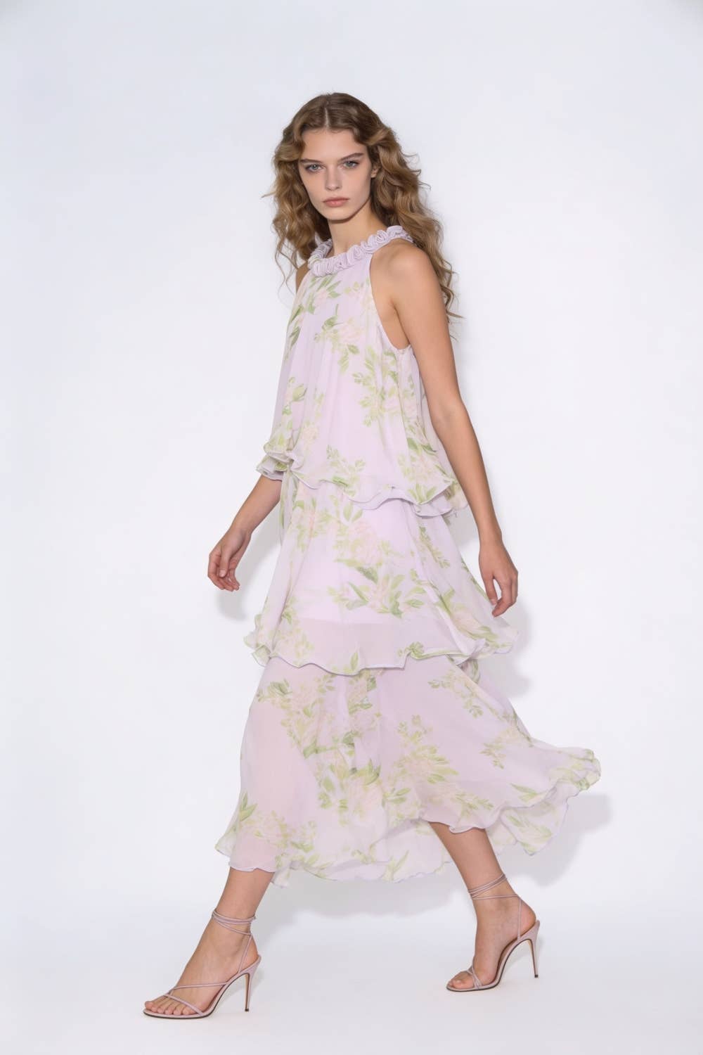 Rosette Neckline Floral Tiered Maxi Dress
