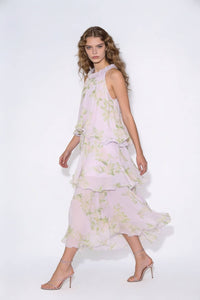 Rosette Neckline Floral Tiered Maxi Dress