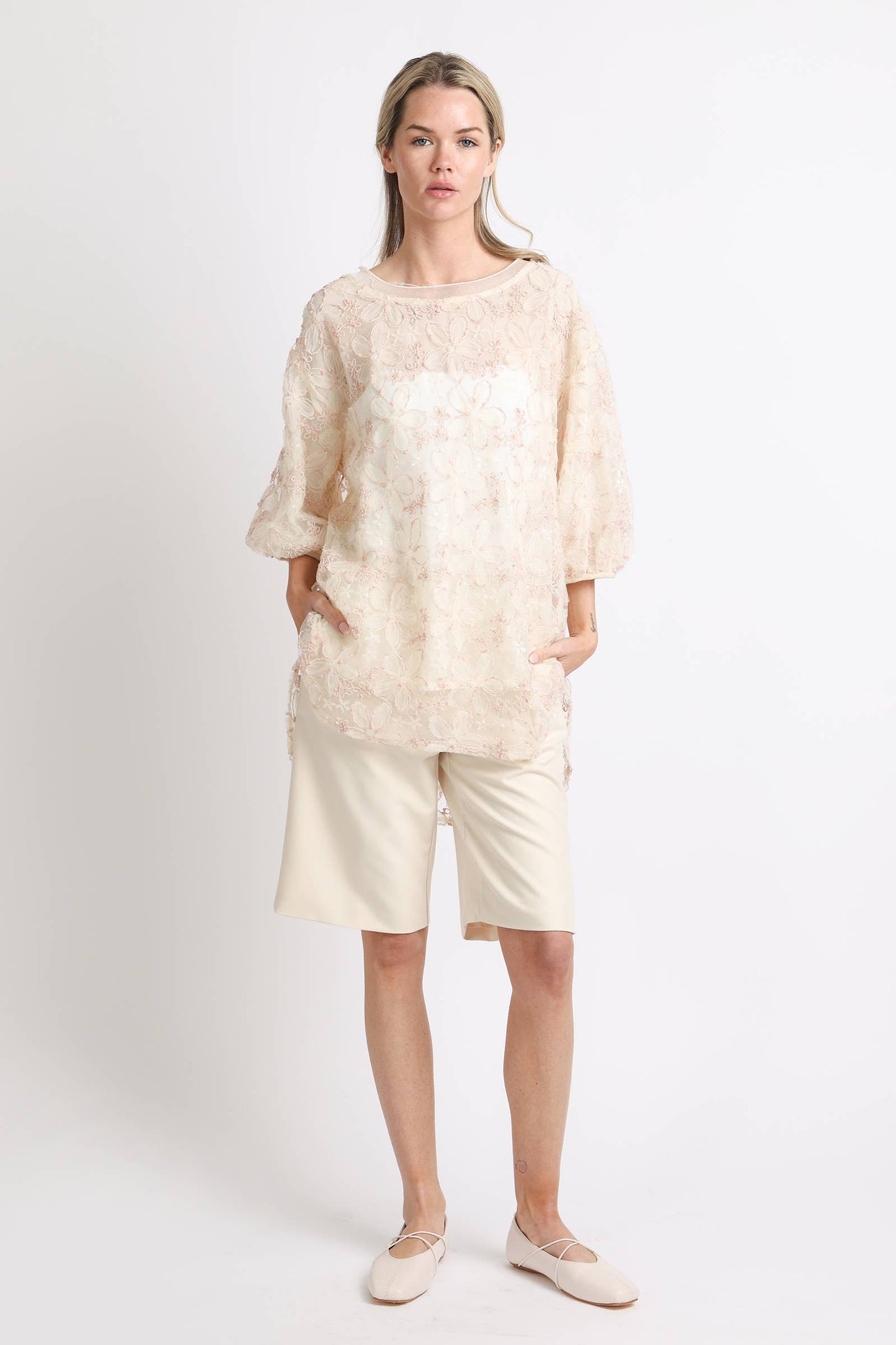 Floral Embroidered High Low Sheer Blouse