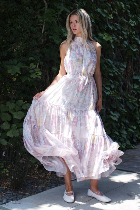 Botanical Floral Tiered High-Neck Maxi Dress