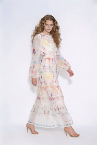 Floral Print Belted Tiered Maxi Dress