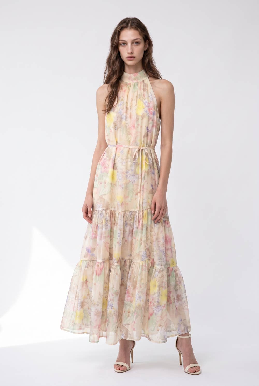 Watercolor Floral Halter Neck Belted Maxi Dress