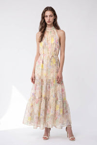 Watercolor Floral Halter Neck Belted Maxi Dress