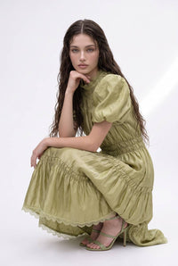 Smocked Yoke Puff Sleeve Tiered Midi Dress