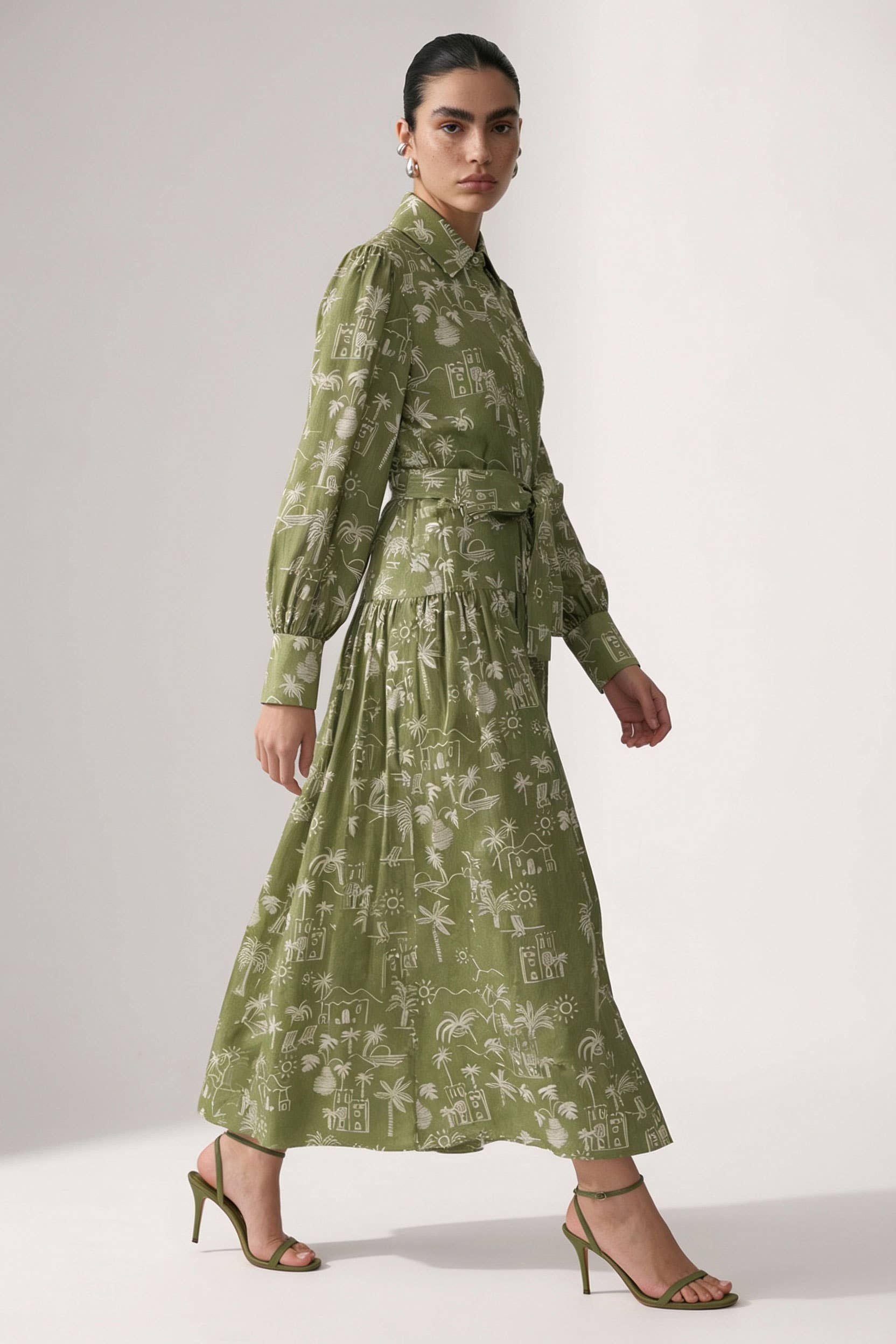 Coastal Illustrated Belted Shirt Maxi Dress