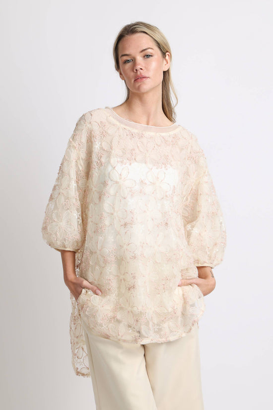 Floral Embroidered High Low Sheer Blouse