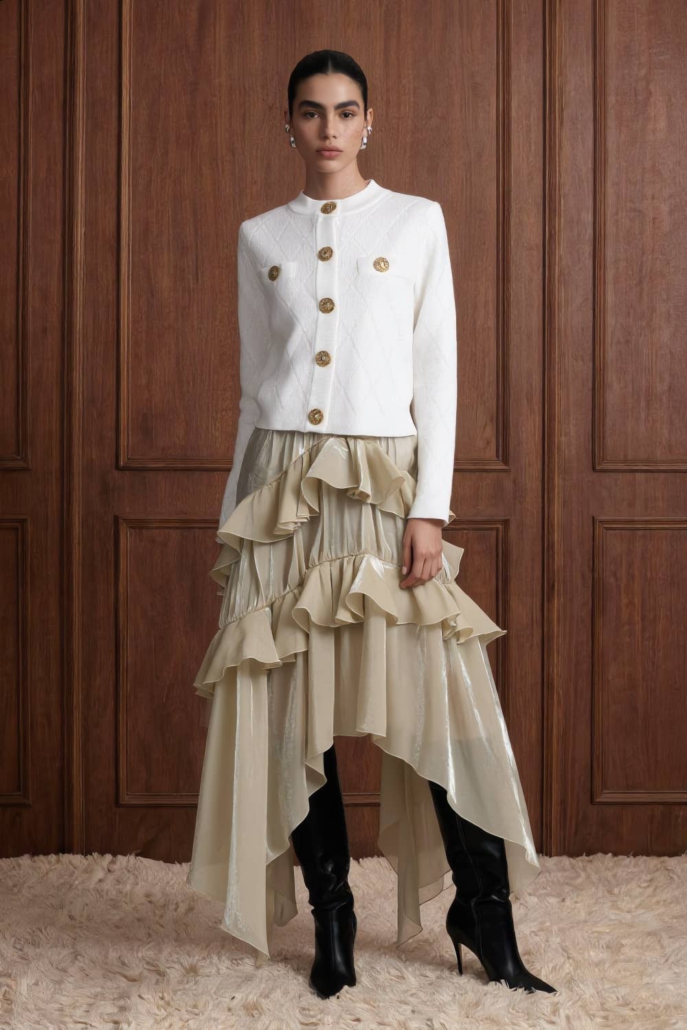 Diamond Textured Knit Metallic Button Jacket