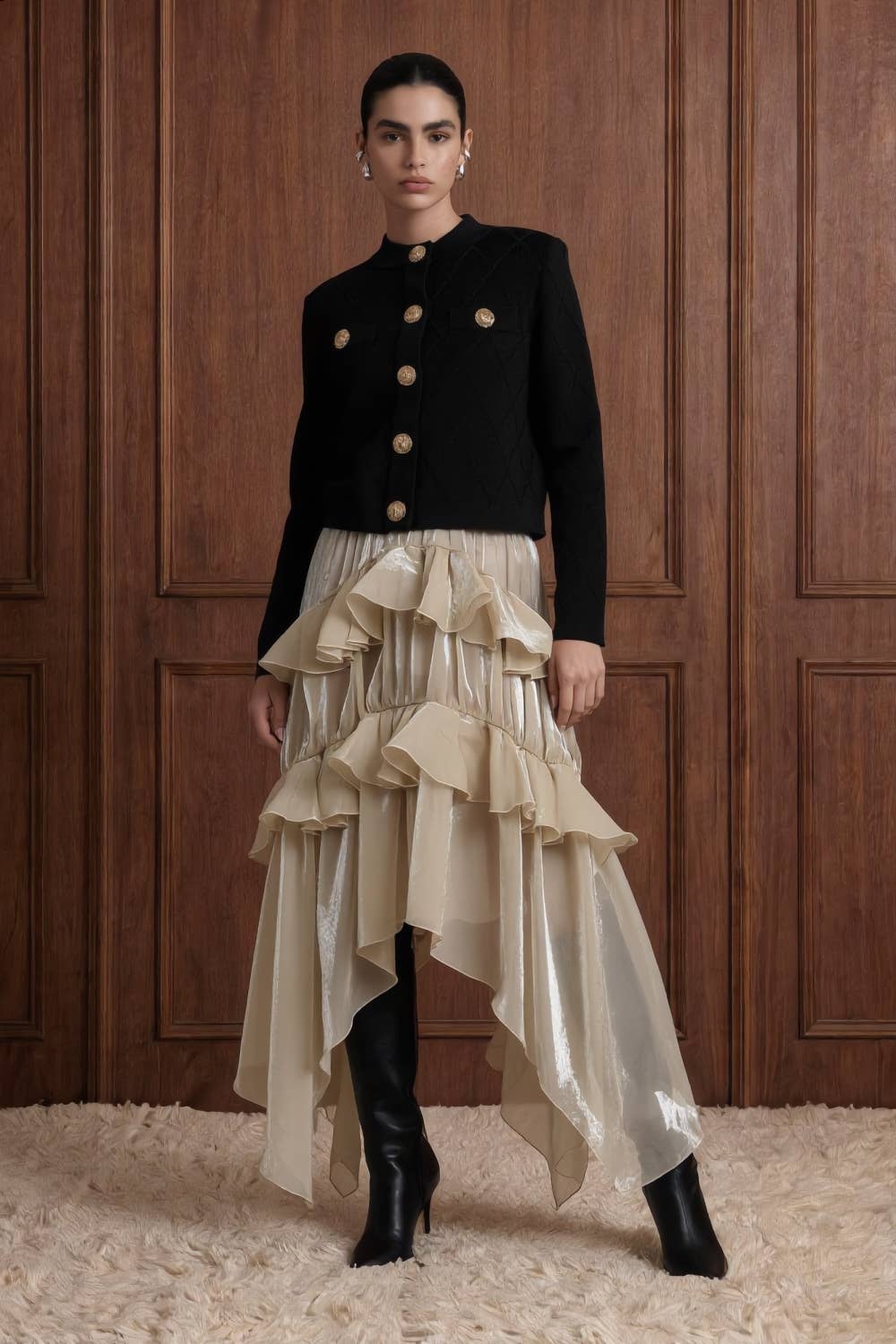 Diamond Textured Knit Metallic Button Jacket