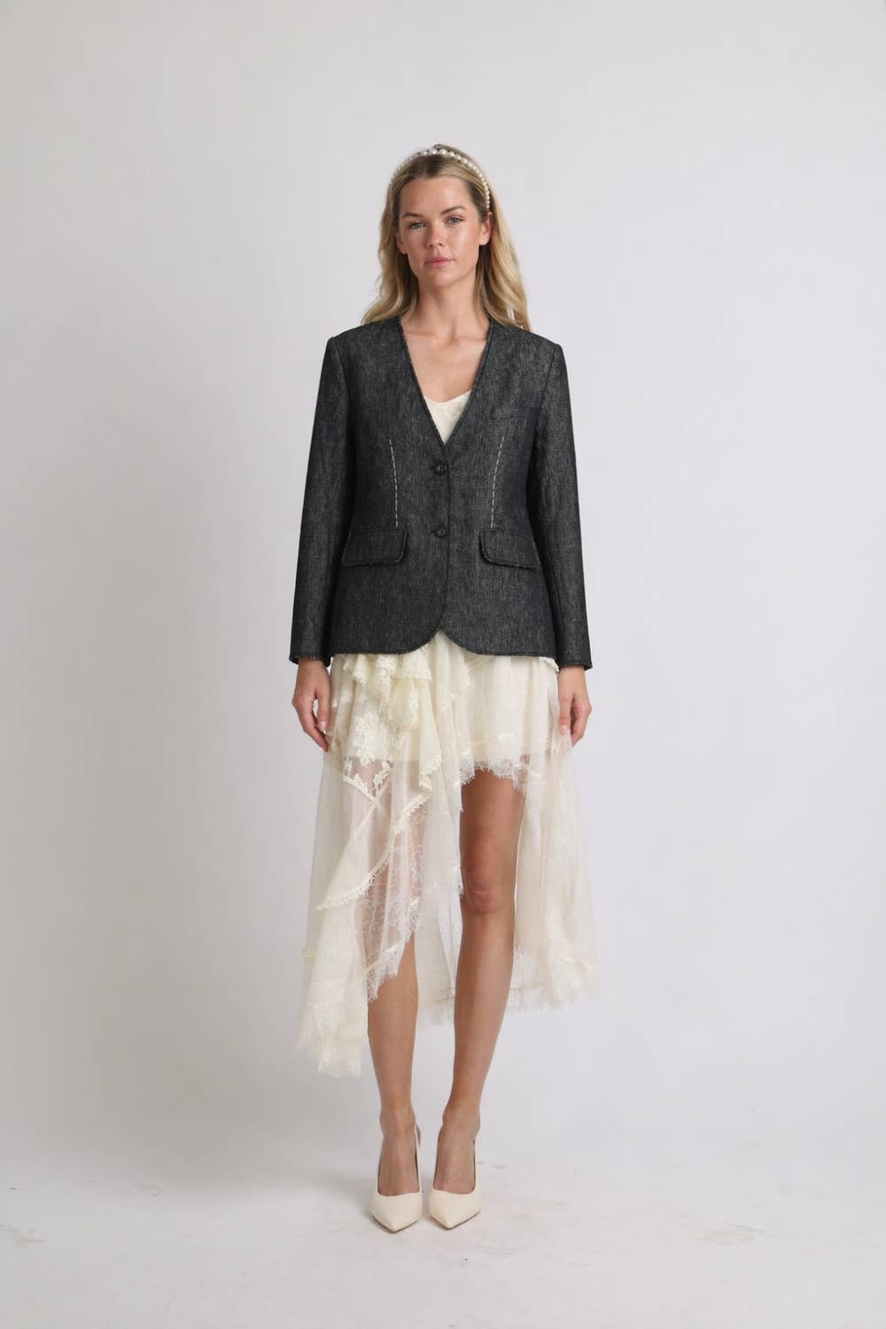 Collarless Contrast Stitched Textured Woven Blazer