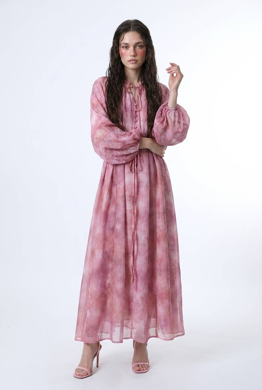 Abstract Print Lace-Trimmed Button-Front Maxi Dress