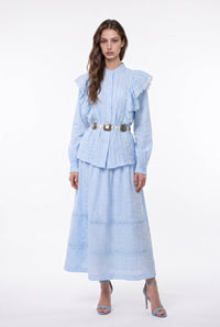 Eyelet Trim Pin-Tuck Blouse And Maxi Skirt Set