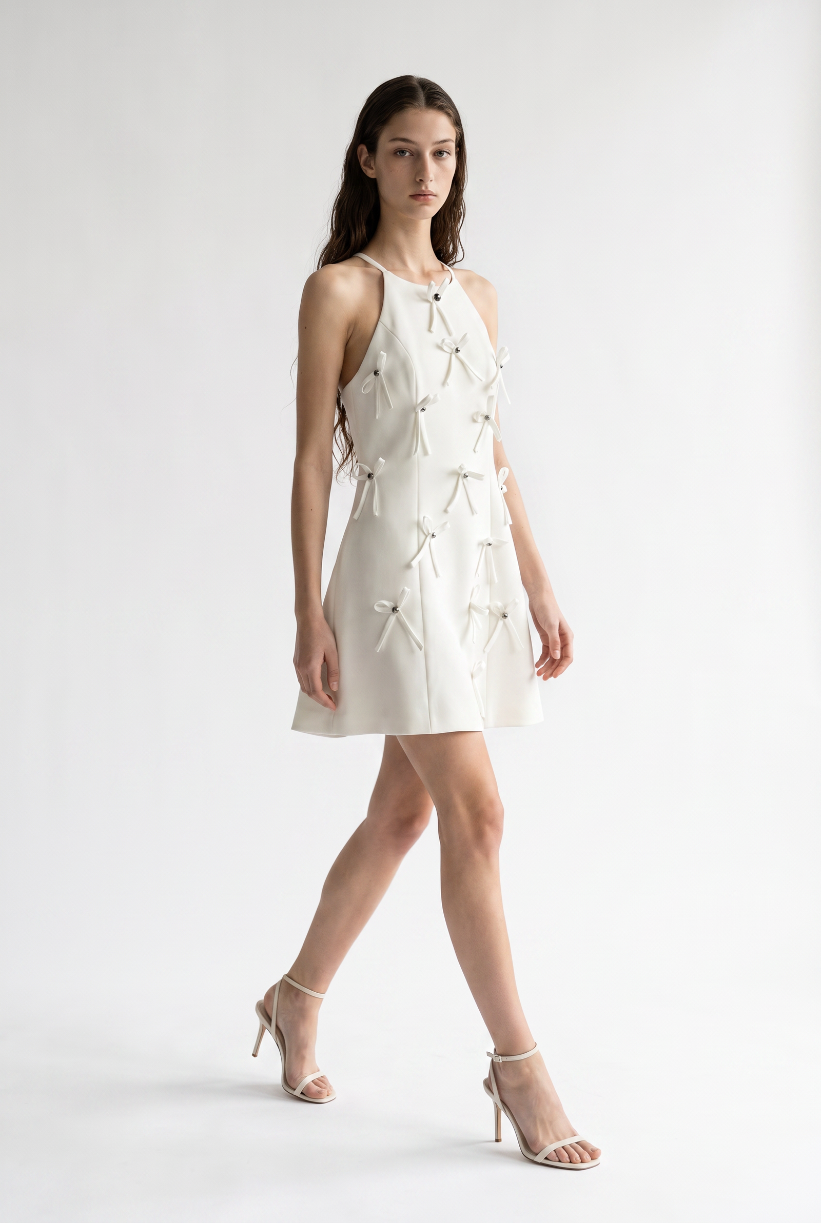 Bow Studded Halter A-Line Mini Dress
