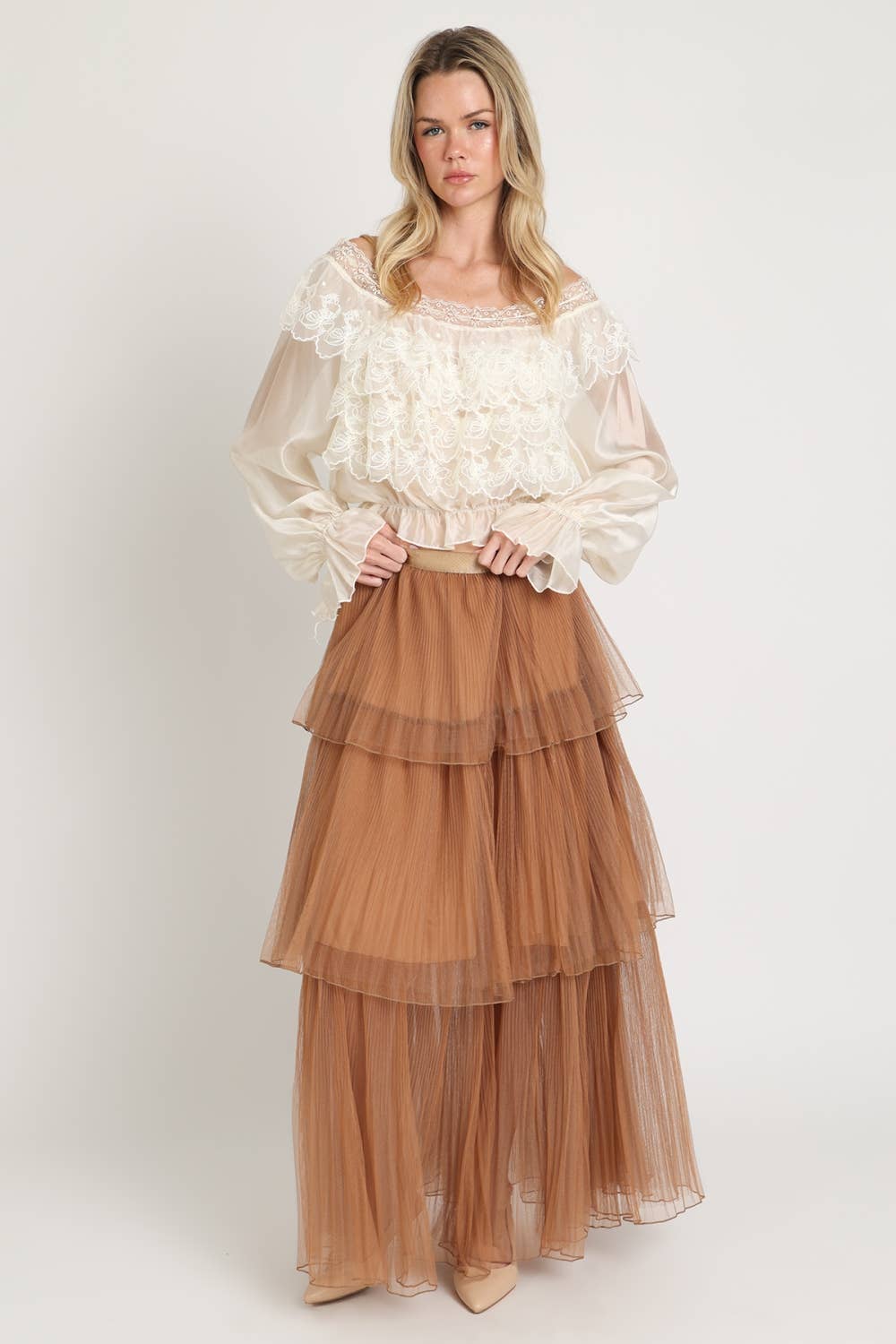 Lace Embroidered Organza Ruffle Crop Top