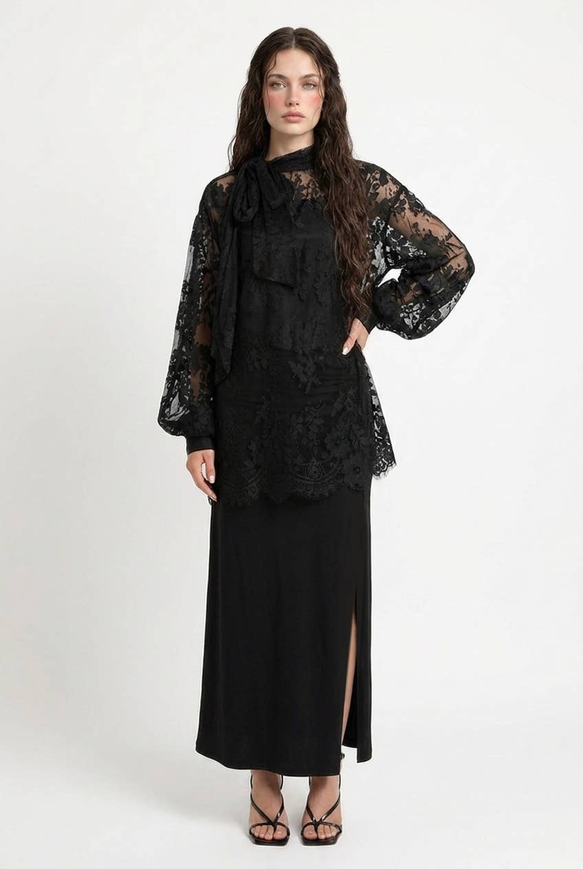 Sheer Floral Lace Tie Neck Oversized Blouse