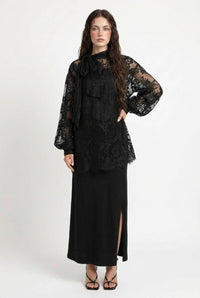 Sheer Floral Lace Tie Neck Oversized Blouse