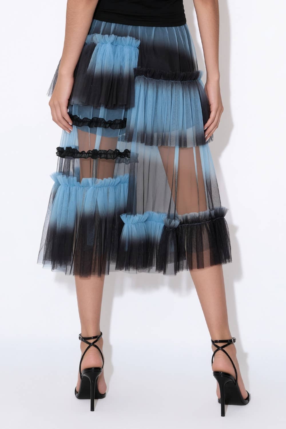 Gradient Asymmetric Tiered Tulle Midi Skirt