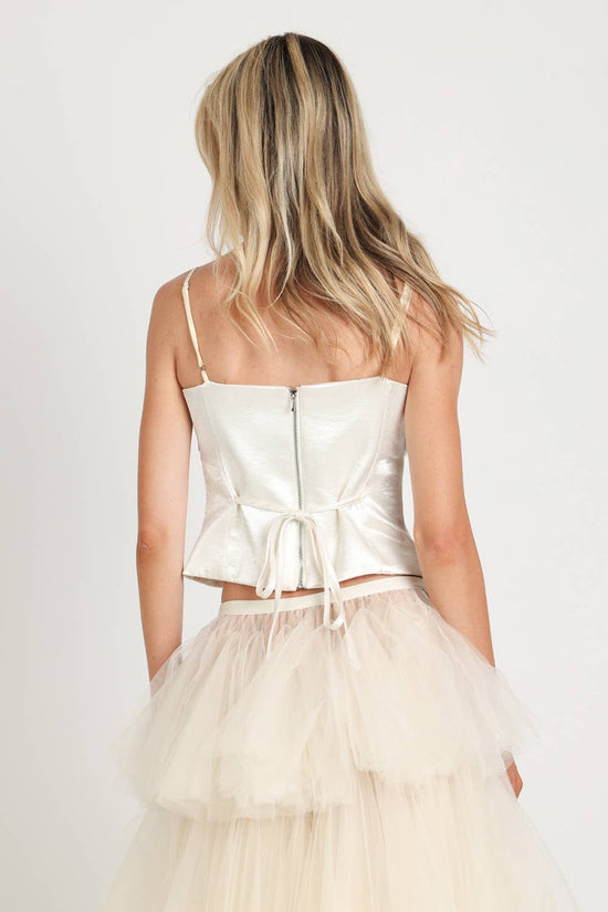 Glossy Embroidered Pleats Crop Camisole