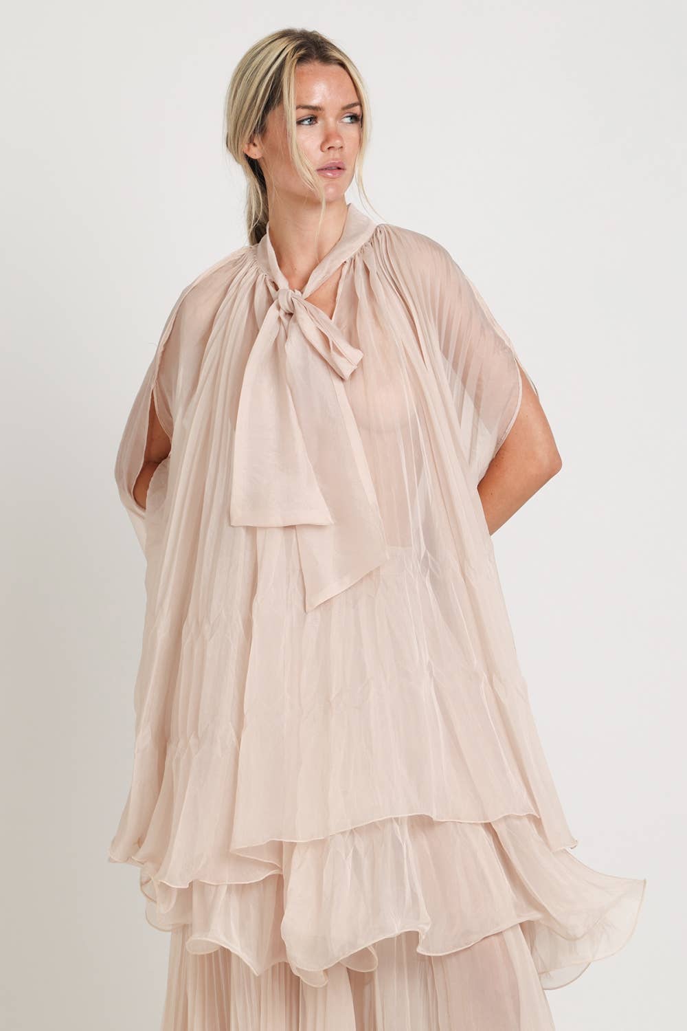 Pleated Sheer Tie Neck Top And Tiered Maxi Skirt Set
