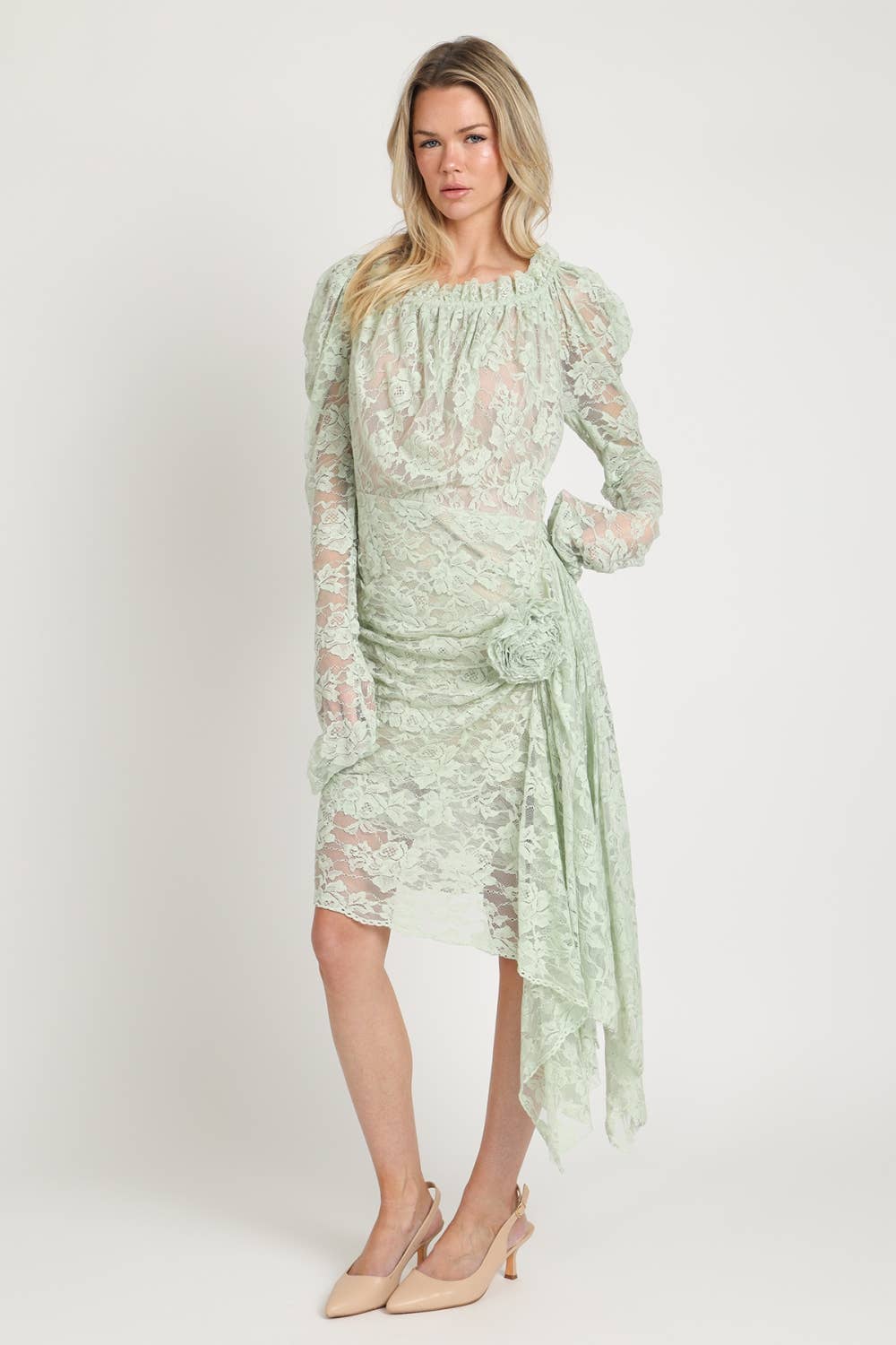 Floral Embroidered Mesh Draped Midi Dress