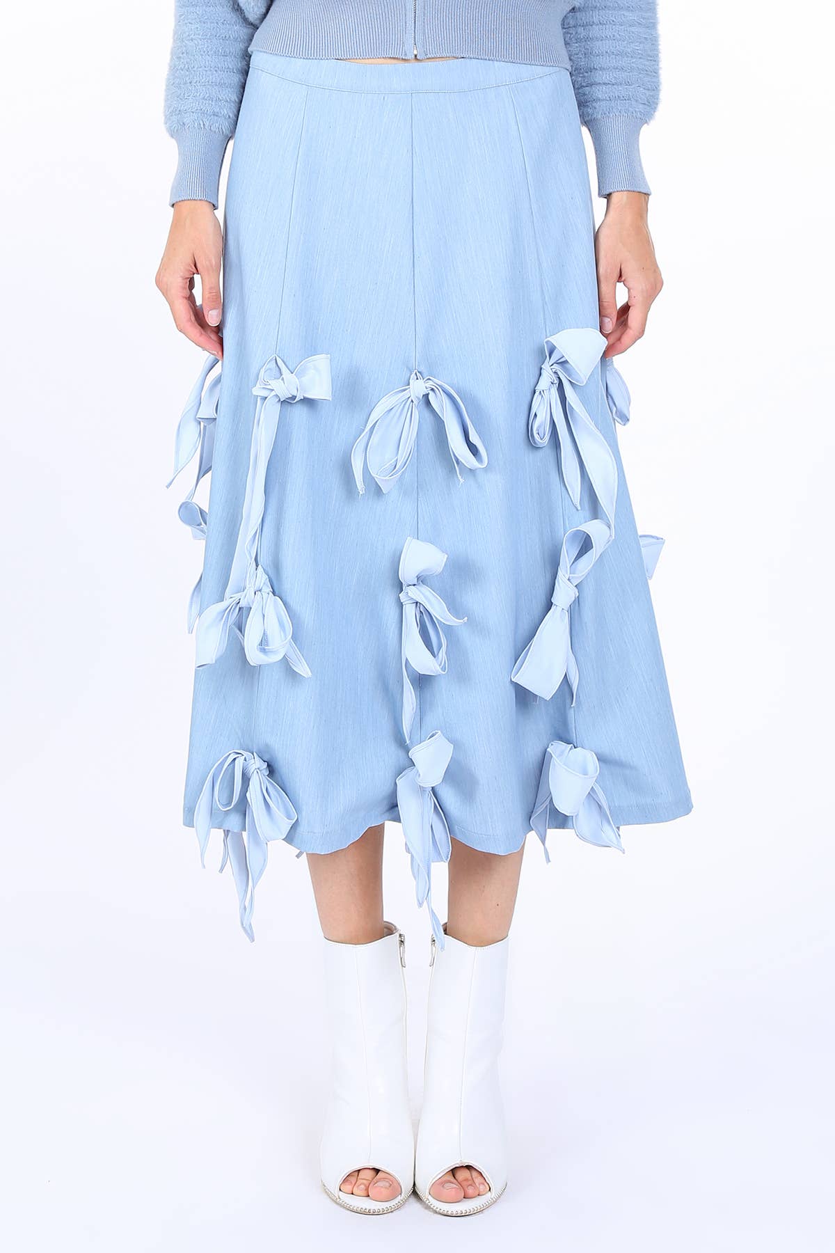 Multi Ribbon Tie Applique A-Line Midi Skirt