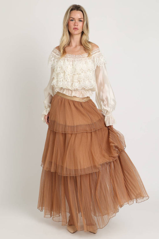 Lace Embroidered Organza Ruffle Crop Top