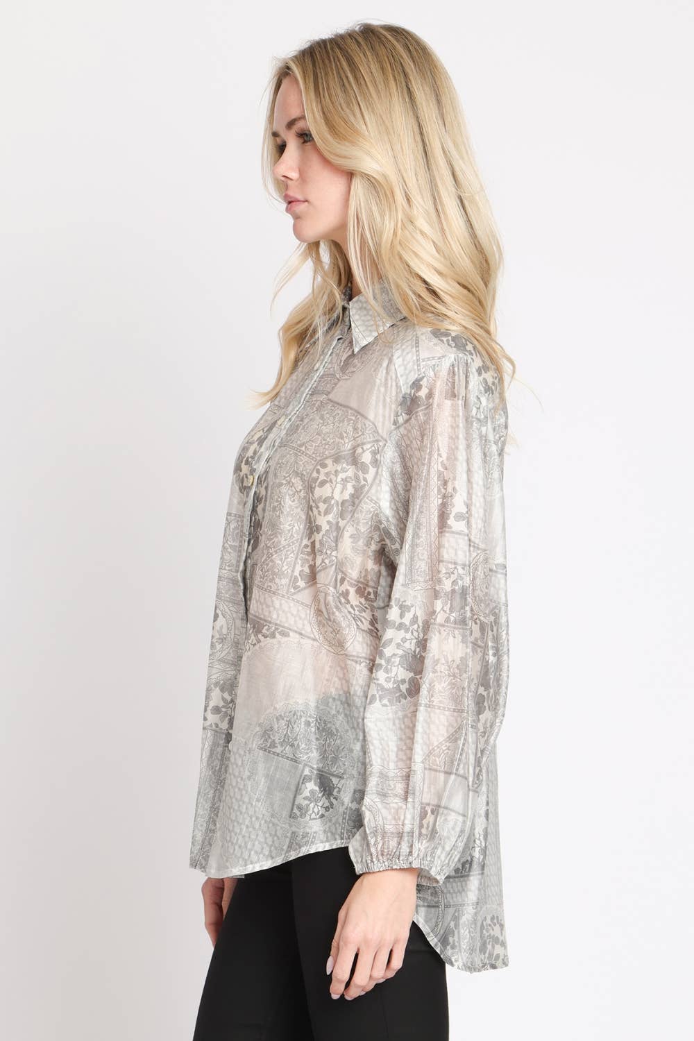 Multi-Print Sheer Button Up Shirt