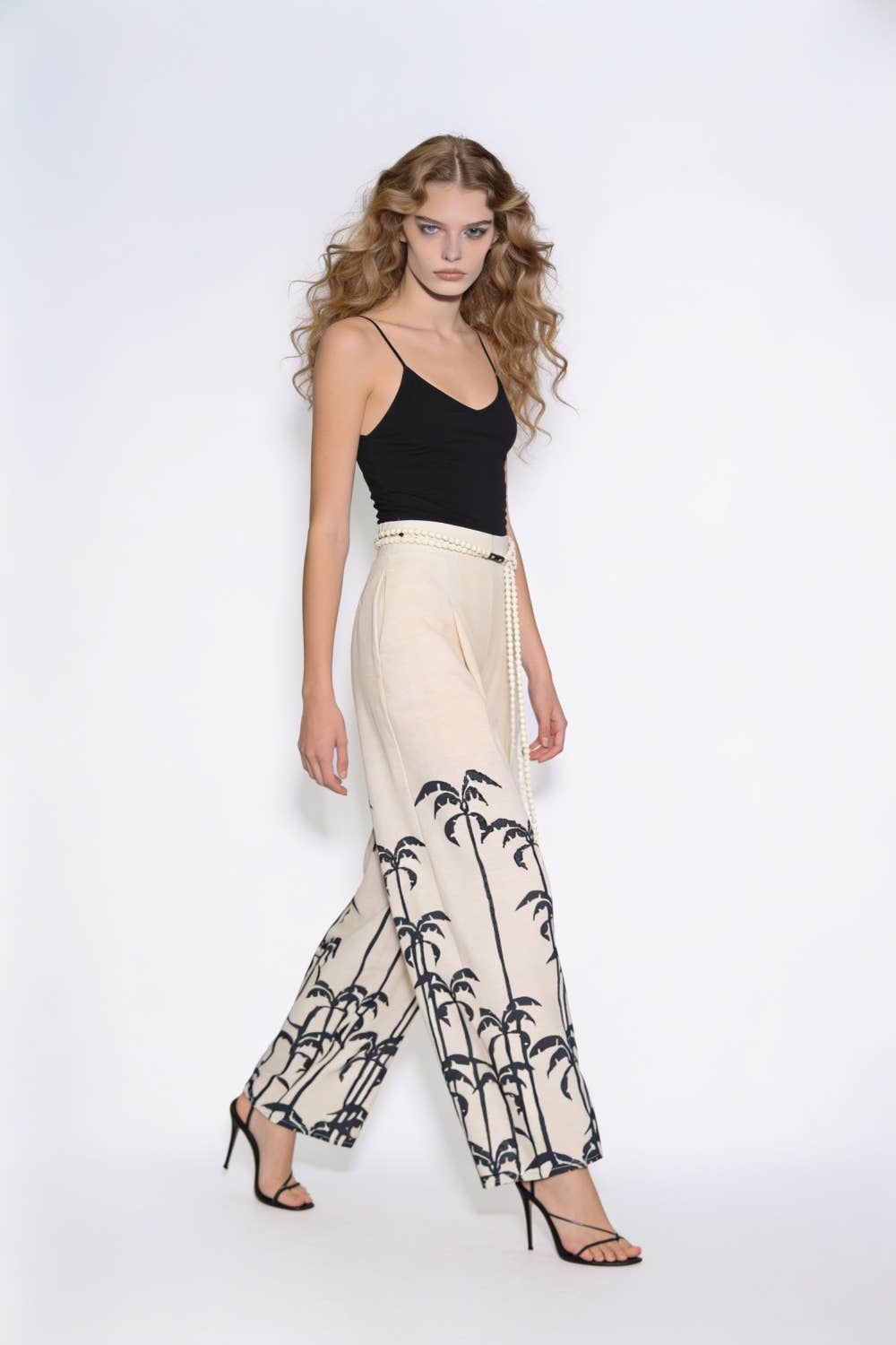 Palm Embroidered Beaded Belt Wide-Leg Trousers