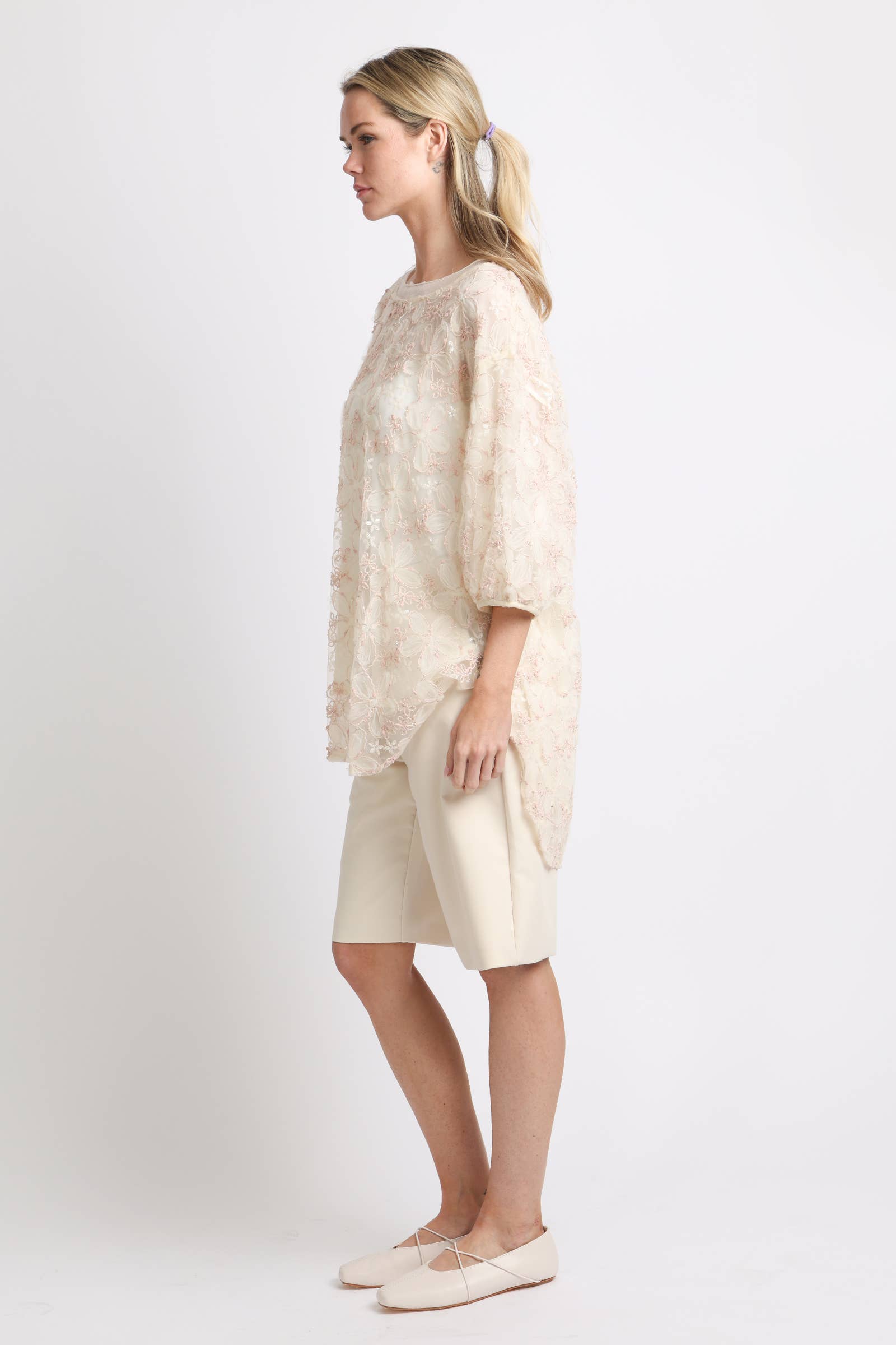 Floral Embroidered High Low Sheer Blouse