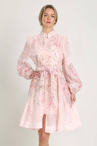 Crystal Embellished Floral Belted Shirt Dress