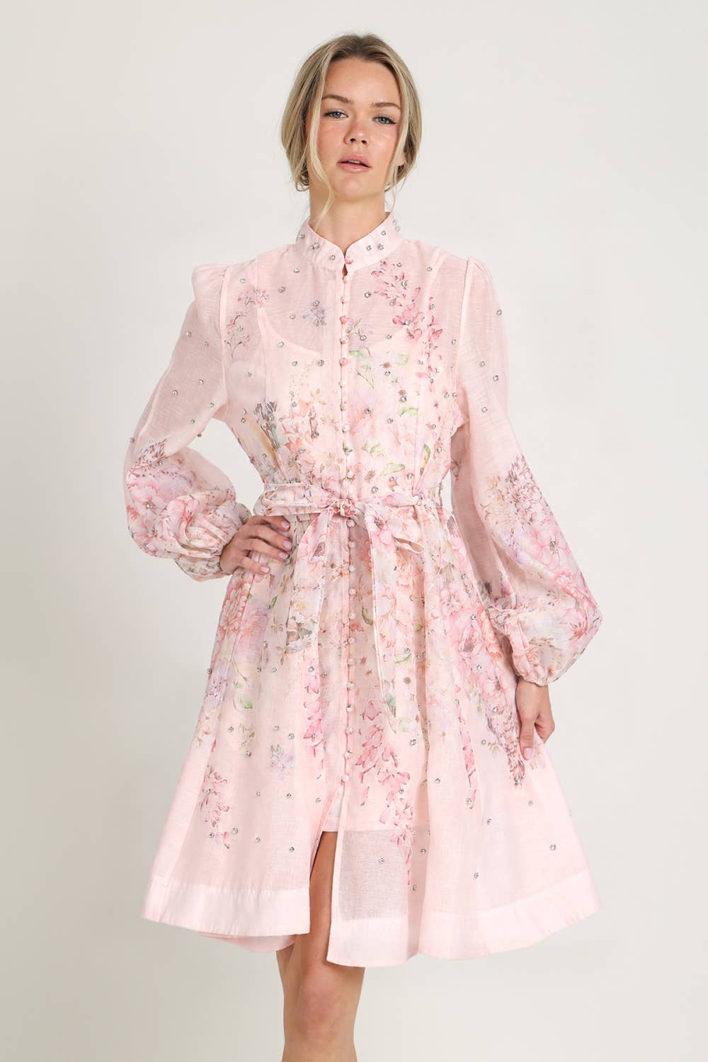 Floral Print Studded Mini Sheer Dress