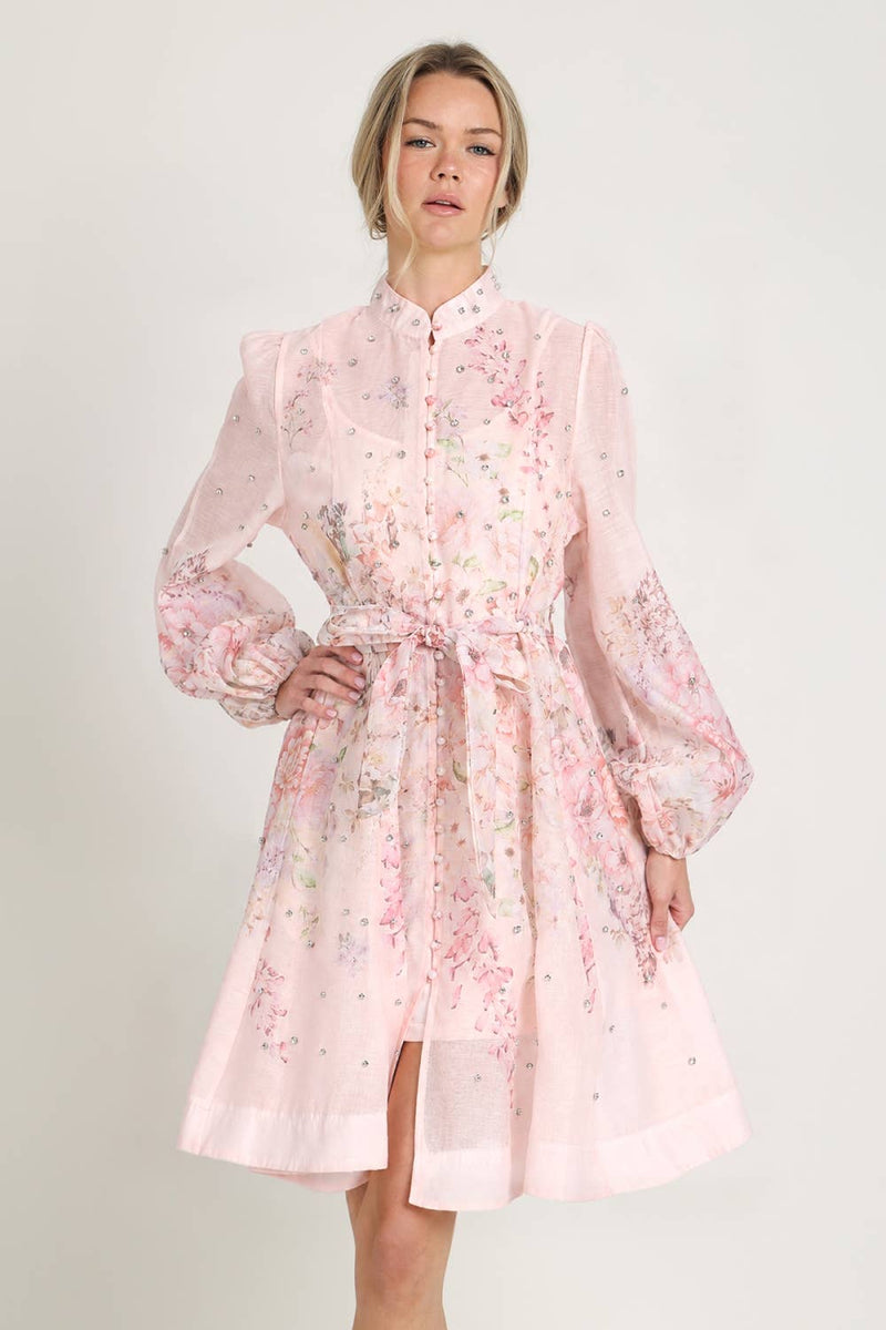 Crystal Embellished Floral Belted Shirt Dress