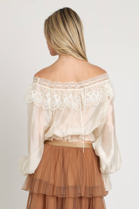 Lace Embroidered Organza Ruffle Crop Top