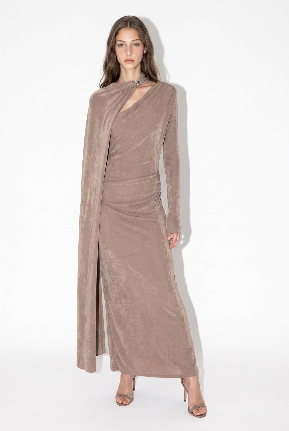 Asymmetric Draped Cape Maxi Dress