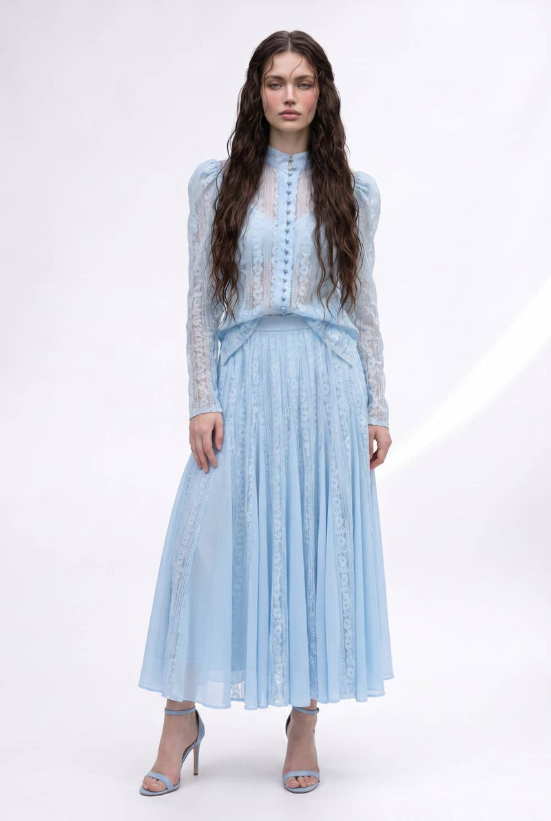 Lace Inset Button Front Blouse And Pleated Maxi Skirt Set