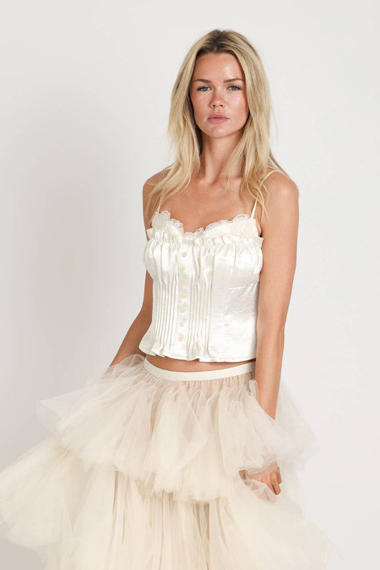 Glossy Embroidered Pleats Crop Camisole