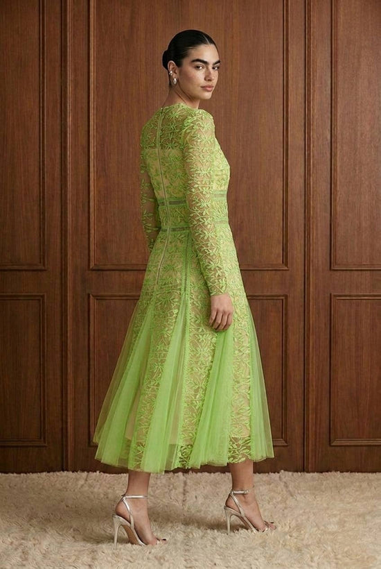 Embroidered Mesh Paneled Midi Dress
