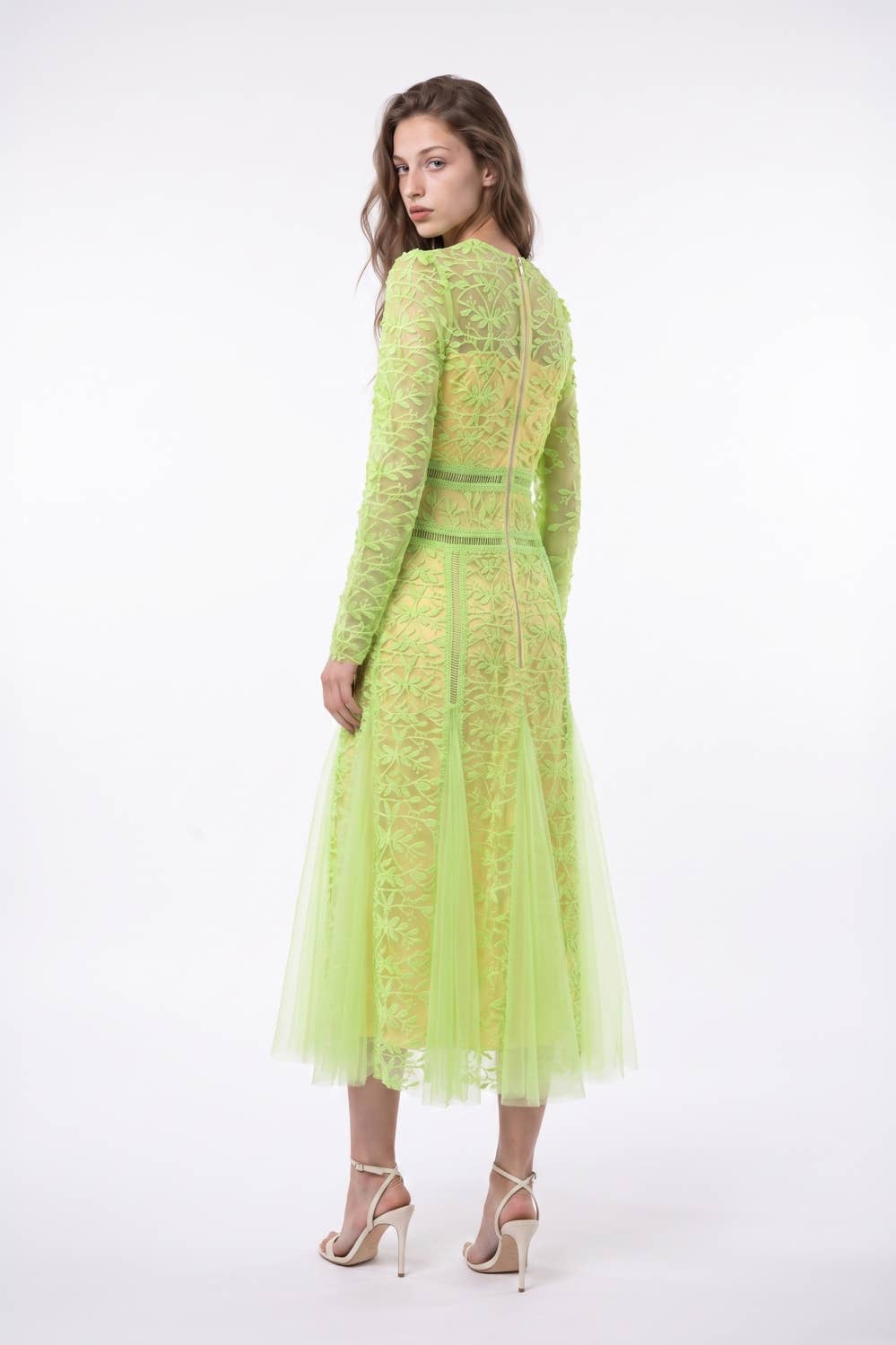 Embroidered Mesh Paneled Midi Dress